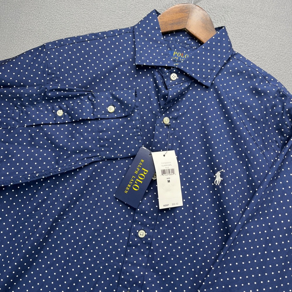Polo Ralph Lauren Classic Fit Shirt Mens M Blue Cotton Polka Dot Preppy Work NWT